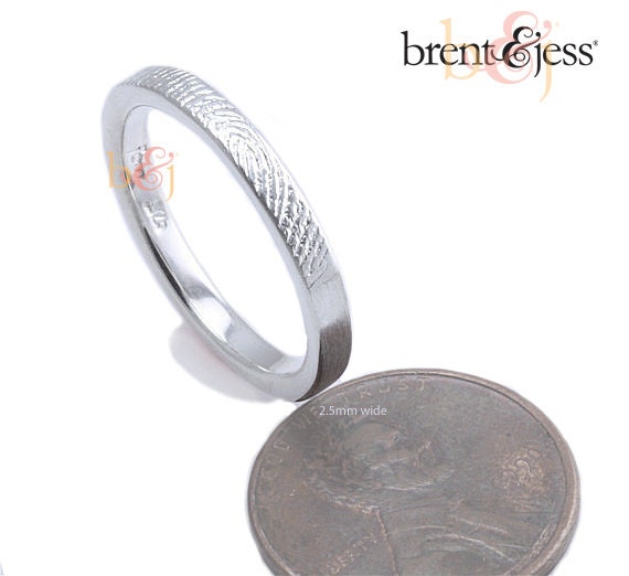 2.5mm Narrow Sterling Custom Fingerprint Wedding or Commitment Band or Guard Ring with Single Tip Print
