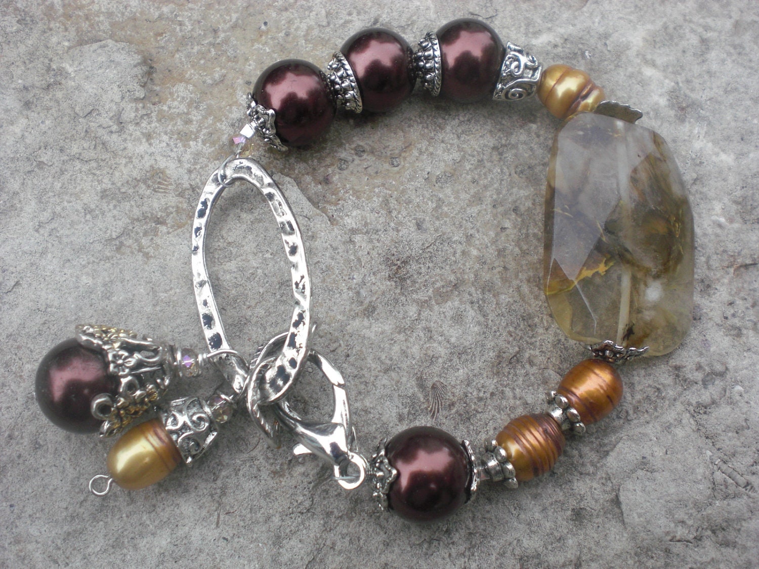 Tiger Quartz and Pearl Bracelet