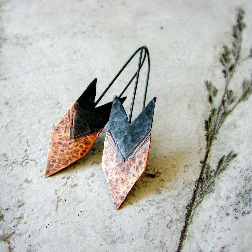 Arrow earrings hammered copper earrings two-tone oxidized sterling silver tribal rustic modern - Huntress