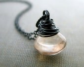 Wire wrapped gemstone necklace sterling silver rustic oxidized smooth peach quartz - The Thaw