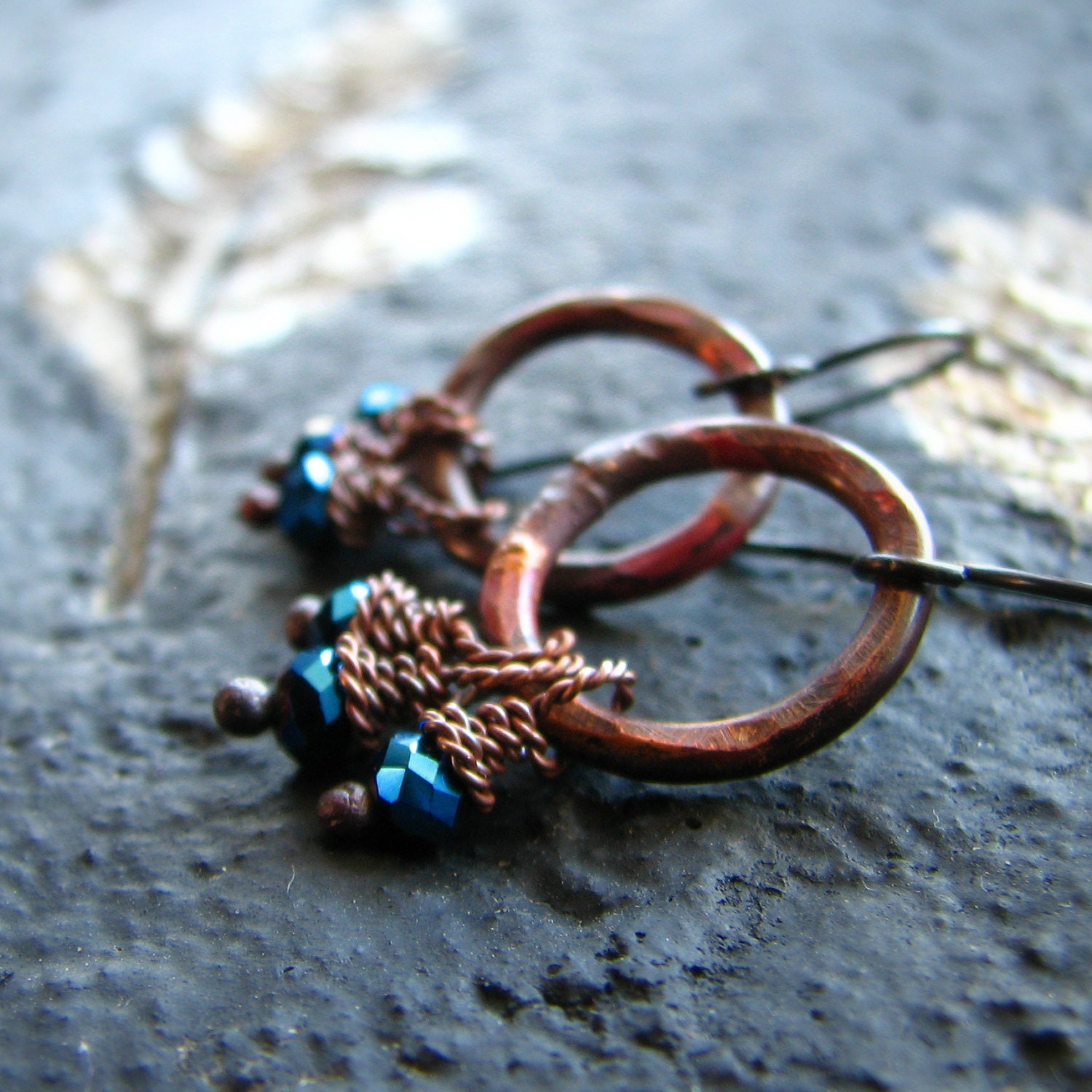 Copper earrings hammered rustic circle mystic glass beads fire kissed patina  - The Witching Hour