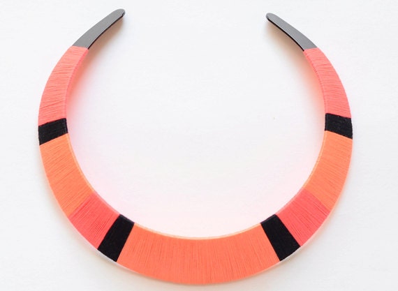 Modern. Colorblocked. Stripes. Neon Orange & Pink Thread Wrapped Statement Bib Necklace - no. 701E