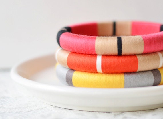 Bright. Geometric. Colorblock. Set of 3 Thread  Bangles in Bright Summer Colors - no. 500D