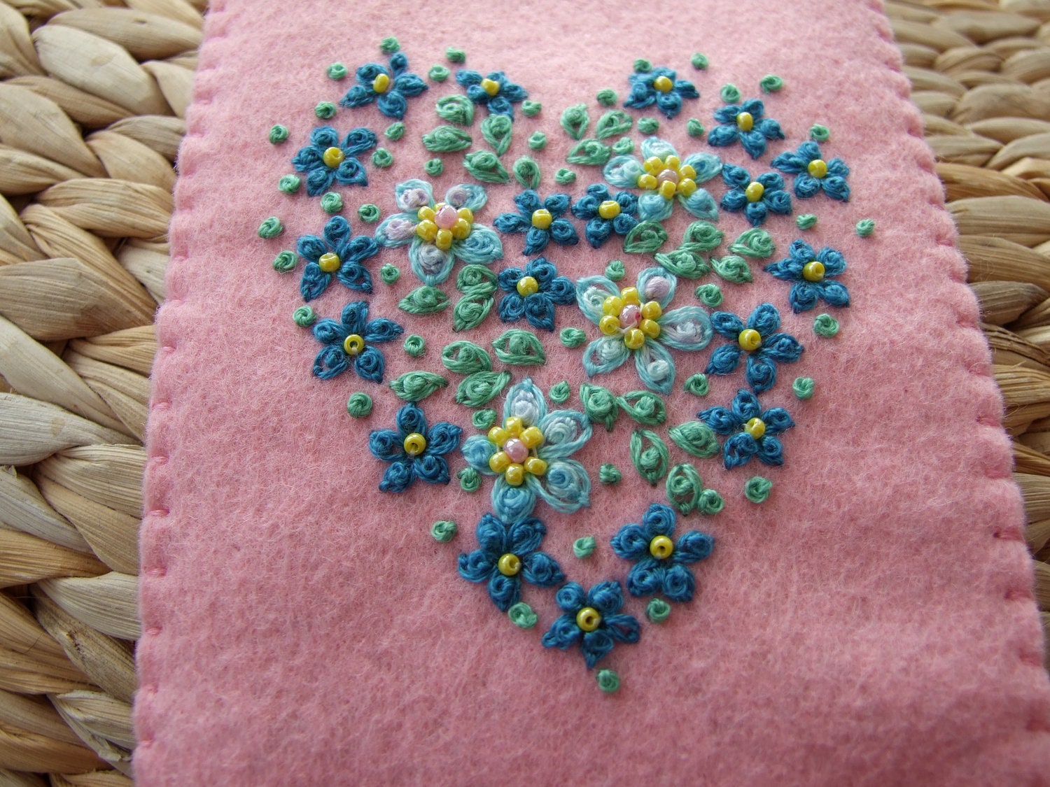 Hand Embroidered Pink Felt Glasses Case