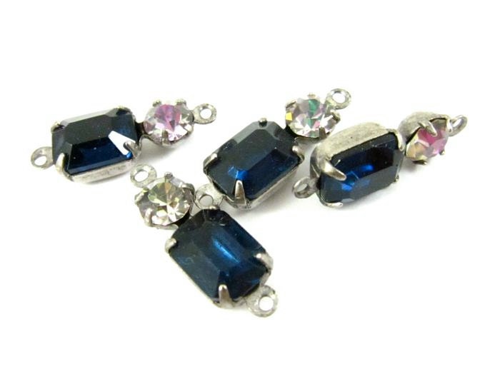 2 -  Vintage Octagon Stone and Swarovski Crystal in 2 Ring 2 Stone Silver Antique Brass Settings - Dark Sapphire Vitrail Light   - 16x6mm