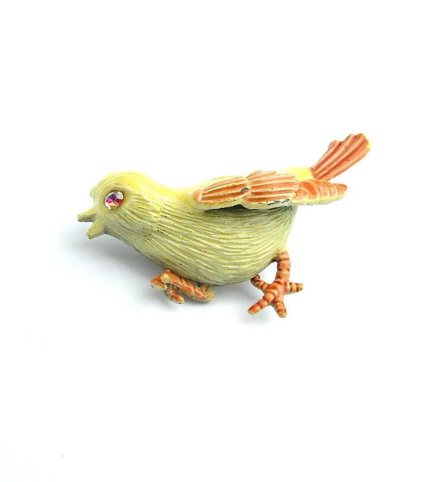 Easter Chick Vintage Bird Brooch Pastel Lemon Yellow Enamel Bird, FREE US SHIPPING