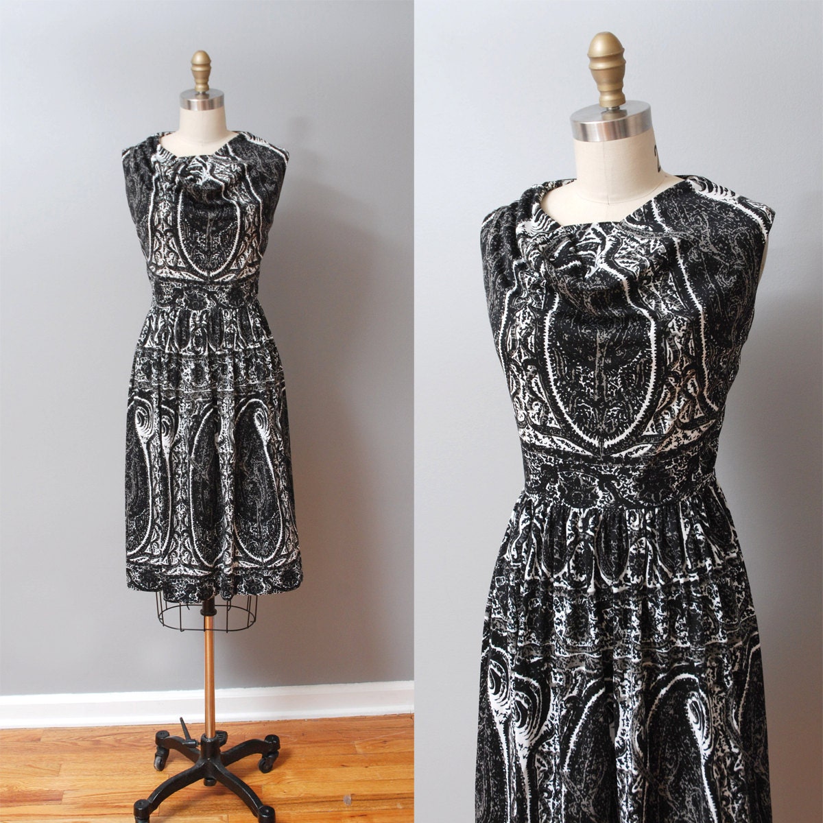 1960s Dress - Black and White Paisley Full Skirt Dress - Fit and Flare