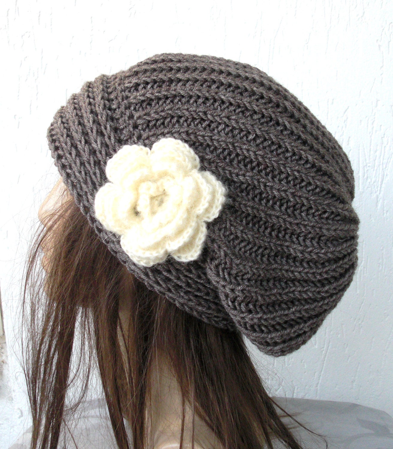 Hand Knit Hat- Womens hat - chunky knit Slouchy Beanie  Slouch  Hat Flower  Fall Winter Accessories  beret taupe Autumn Fashion