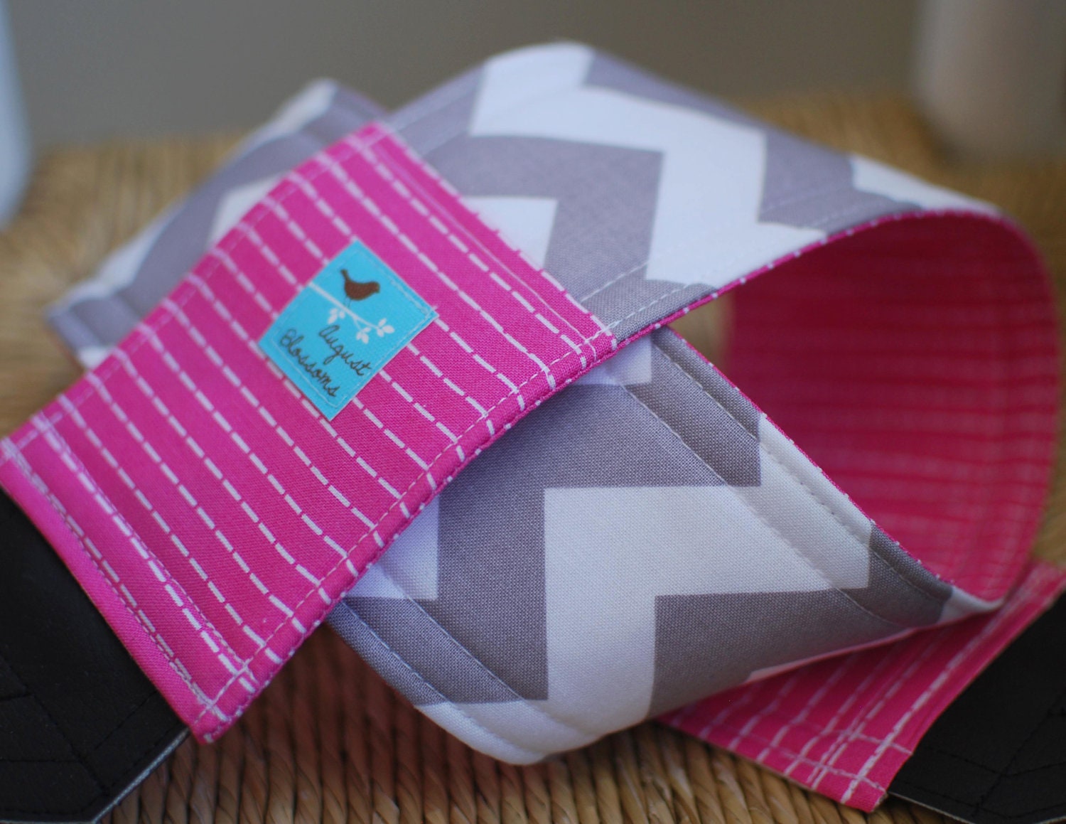 Camera Strap Gray Chevron and Pink Stitch, Reversible, Built in Lens Cap Pocket