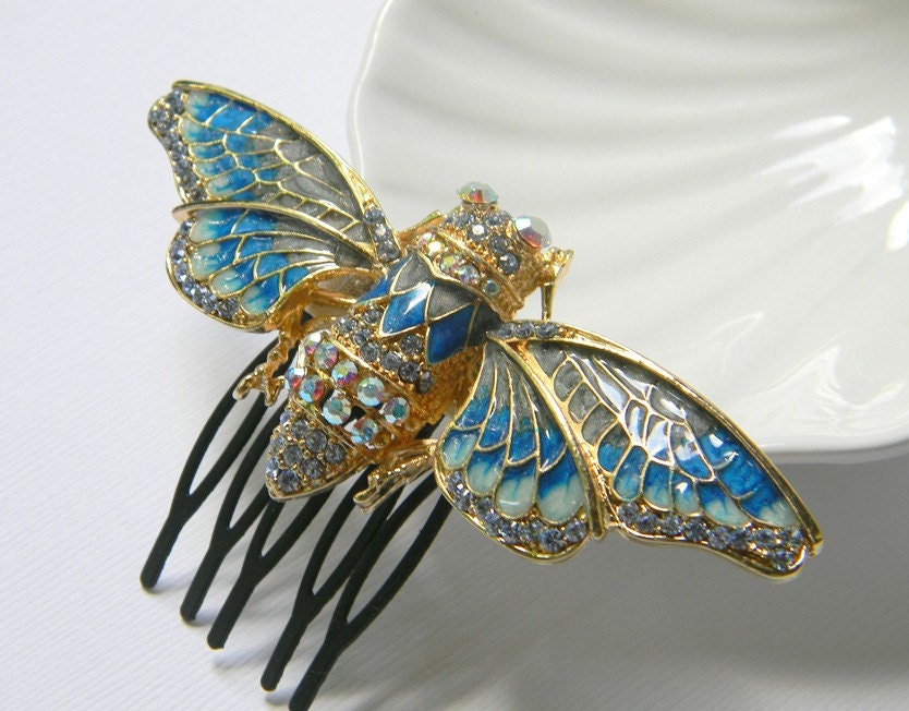 Cicada Hair Comb - Insect Comb - Blue and Cream Enamel Comb - Gold - Swarovski Rhinestone Comb - Bug Comb - Original