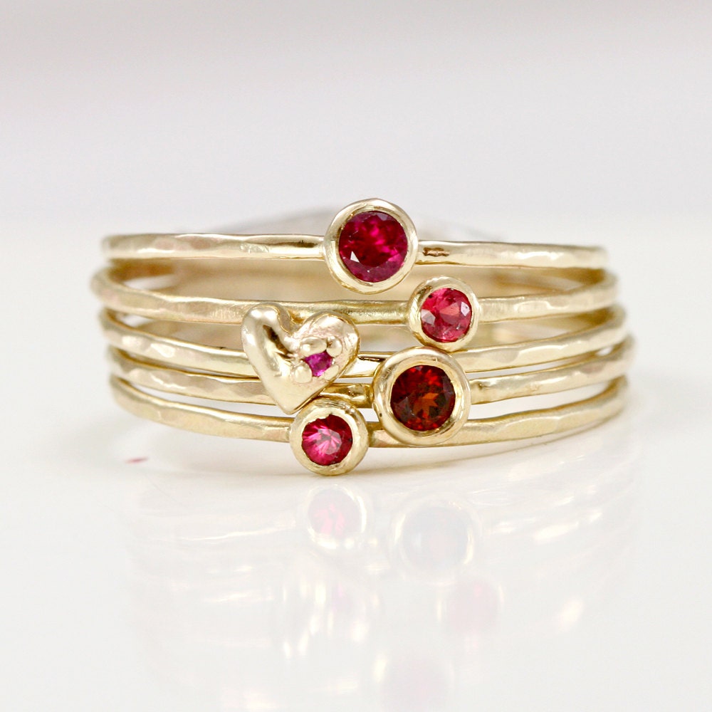 Ruby Garnet & Heart Stacking Rings in Solid 14k Gold, Red and Pink Stack Ring Set of 5, Padparadscha Sapphire, Heart Ring