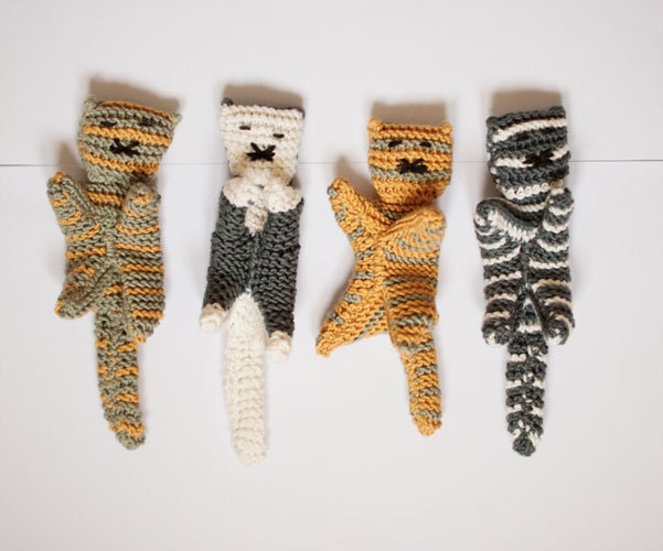 Custom Knitted Cat Toy for Baby Boys and Girls Grey Mustard White Cotton Newborn Baby Shower Toddler Kid- OOAK - Cuddly Cat
