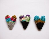 Crochet Heart Brooch - Playful Autumn Winter Jewelry - Multicolour Italian Linen Black Icelandic Wool.  - OOAK - Winter Heart