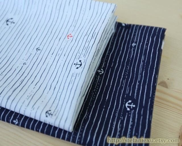 Nautical Marine, Red and White Anchors, Chic Anchor Stripes(Choose Your Color)-Japanese Cotton Fabric (Fat Quarter)