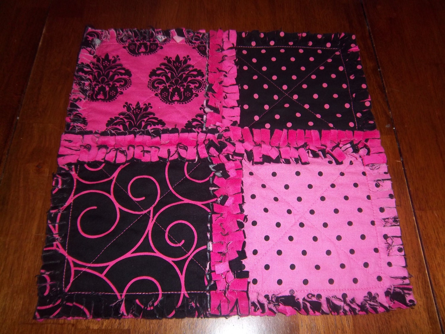 Hot Pink and Black Damask Mini Security Blanket - Rag Quilt
