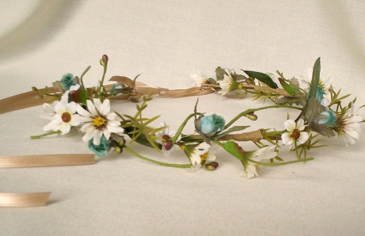 Floral Hair Crown Bohemian Rhapsody Daisy Hippie headwreath bridal wedding hair accessories wild daisies teal aqua flower wreath for hair