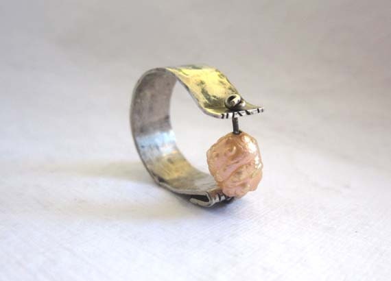 Peach silver ring - peach pearl and sterling silver