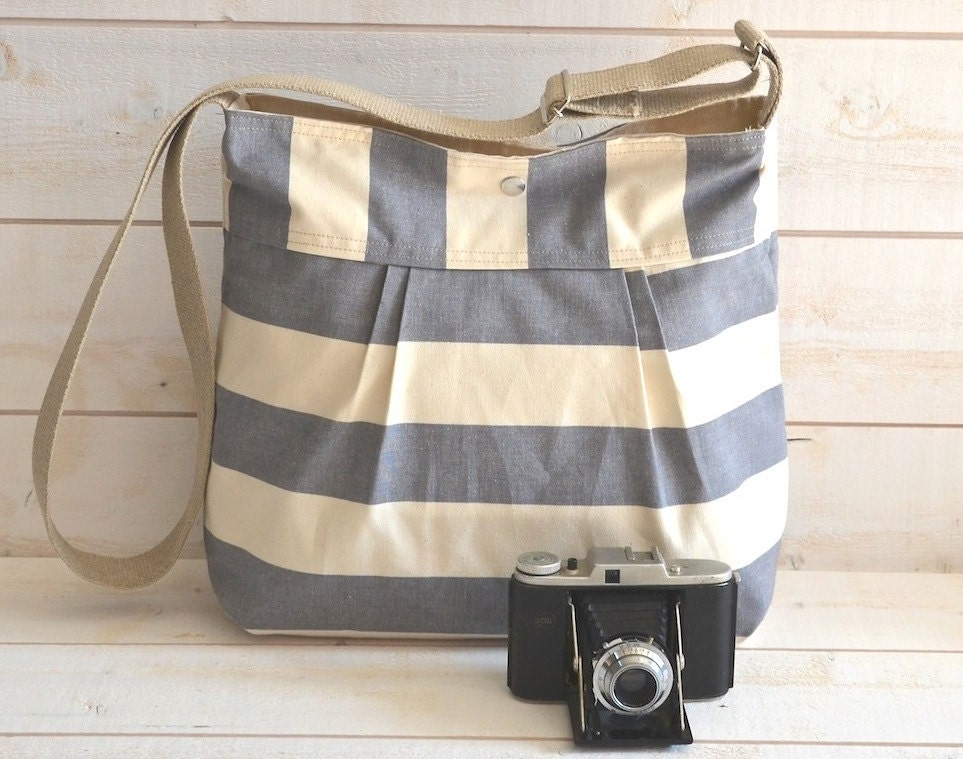 NEW- 35 oz canvas cotton lining Diaper bag/Cross body bag STOCKHOLM Gray and Ecru Stripes Pleated French Messenger bag - 10 Pockets