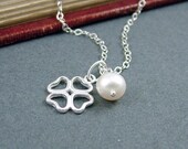 Lucky Clover Necklace, Sterling Silver and Freshwater Pearl, Clover Jewelry, Lucky Necklace