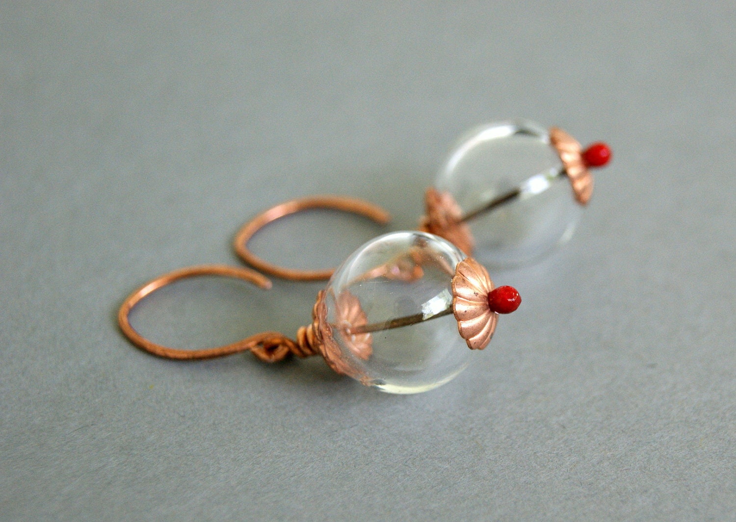 Clear Hollow Glass Bead Earrings - Red Enameled, Pure Copper, Fall