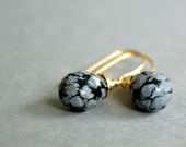 Spiderweb Obsidian Gemstone Earrings - Black, Gray, Gold, Summer, Spring
