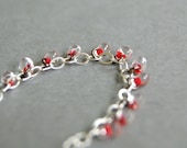 Minimalist Bracelet with Red Clear Drop Charms - Sterling Silver, Glass, Gunmetal
