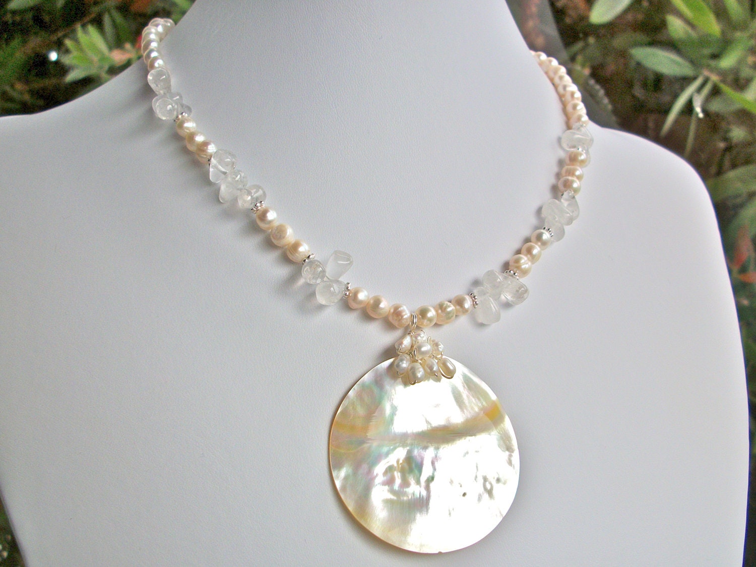 Beach wedding necklace, ivory white pearl MOP shell necklace, silver bridal necklace cream mother of pearl wire wrap jewellery
