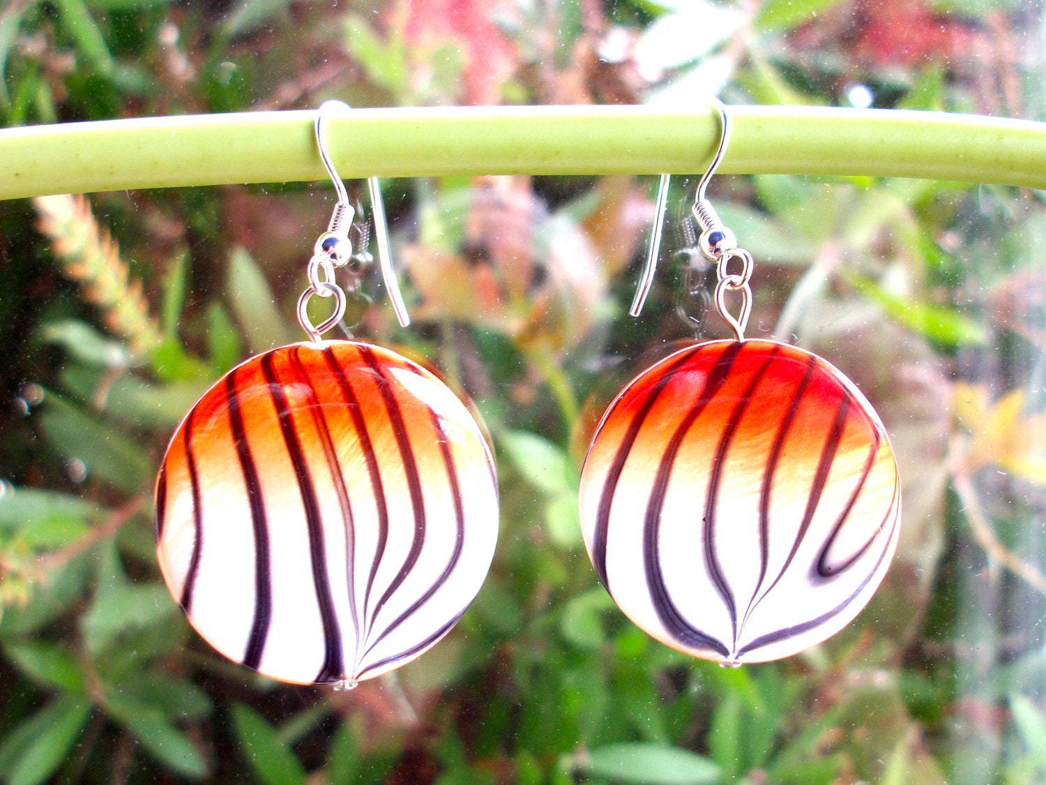 Tiger earrings, animal print jewelry round white orange and black tiger striped shell earrings, silver french hooks