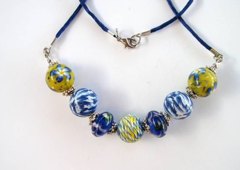 Blue and Yellow Necklace -  Handmade Polymer Clay and Glass Necklace