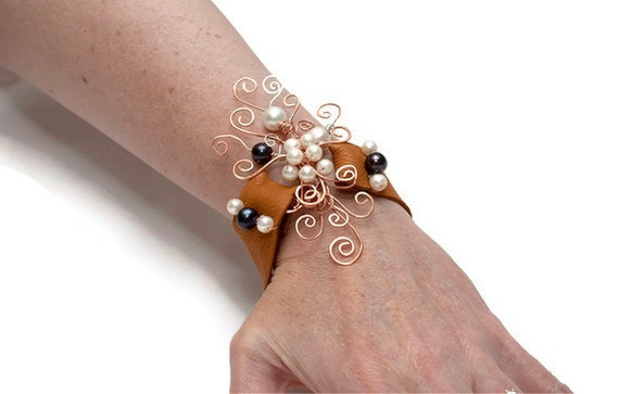 Tree Of Life Bracelet - Wearable Art - Leather bracelet - Pearl Jewelry - Arbor Vitae Ooak