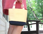 Summer Tote, Yellow Linen, Navy Bottom, Nautical Stripe Interior