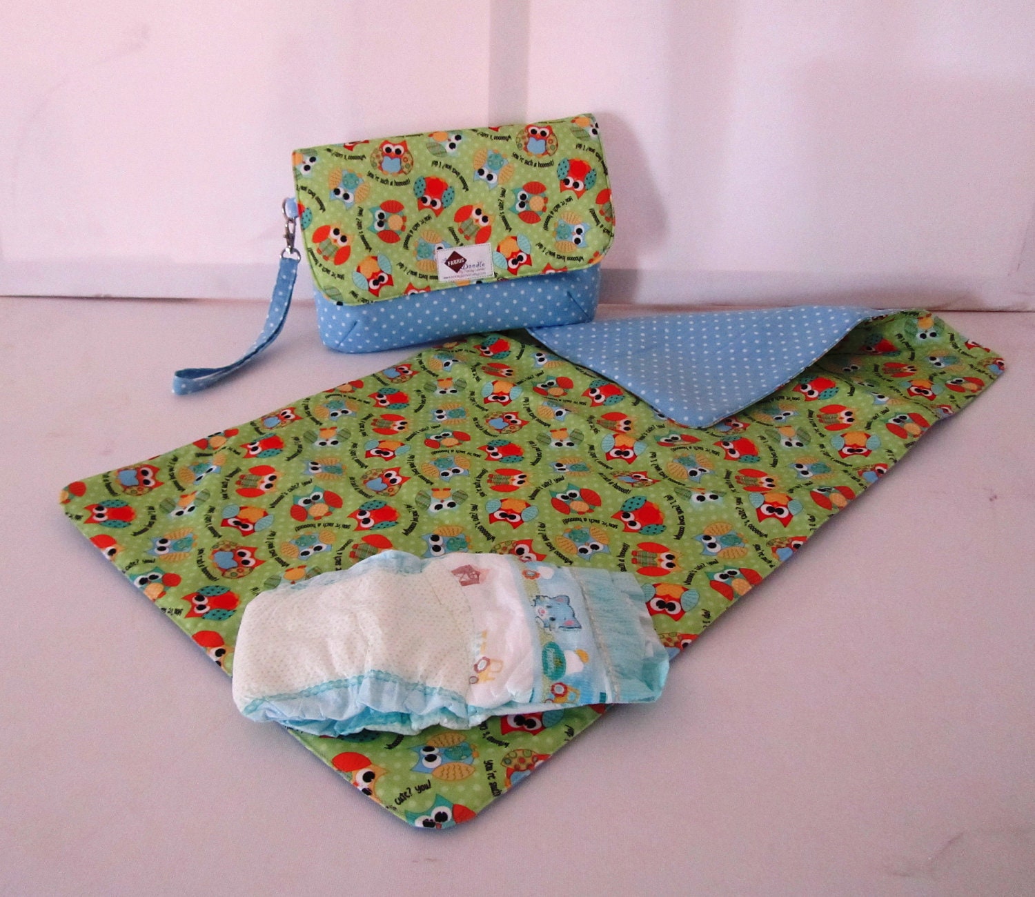Owl Diaper and Wipe Bag Pouch Clutch with washable changing mat