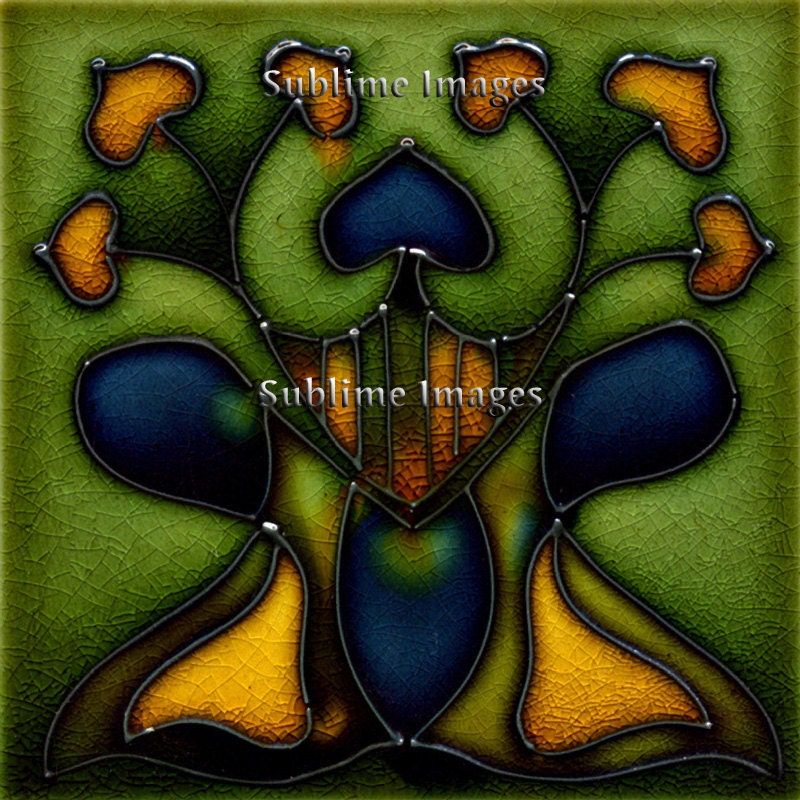 Glass Trivet 6 inch square - Vintage Art Nouveau Tile (Sublime Colours)