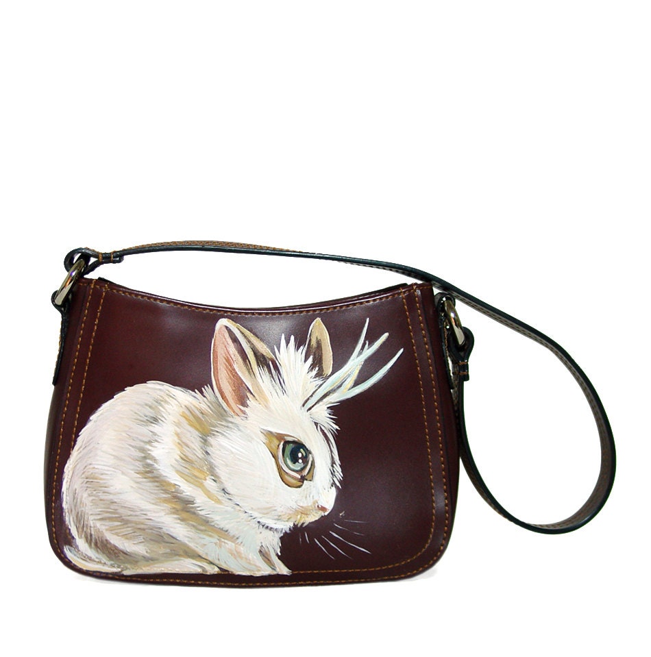 Black Friday Sale - Jackalope mini hobo purse handpainted by NYhop  - OOAK  - upcycled shoulder bag synthetic brown leather, vegan