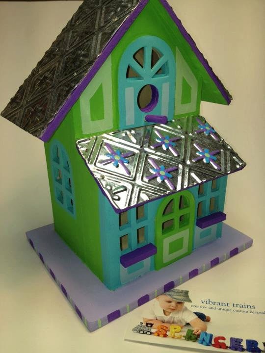 Solid Wood Birdhouse with Metal Roof painted in Lime and Teal for Outdoors and Indoors Custom Hand Painted