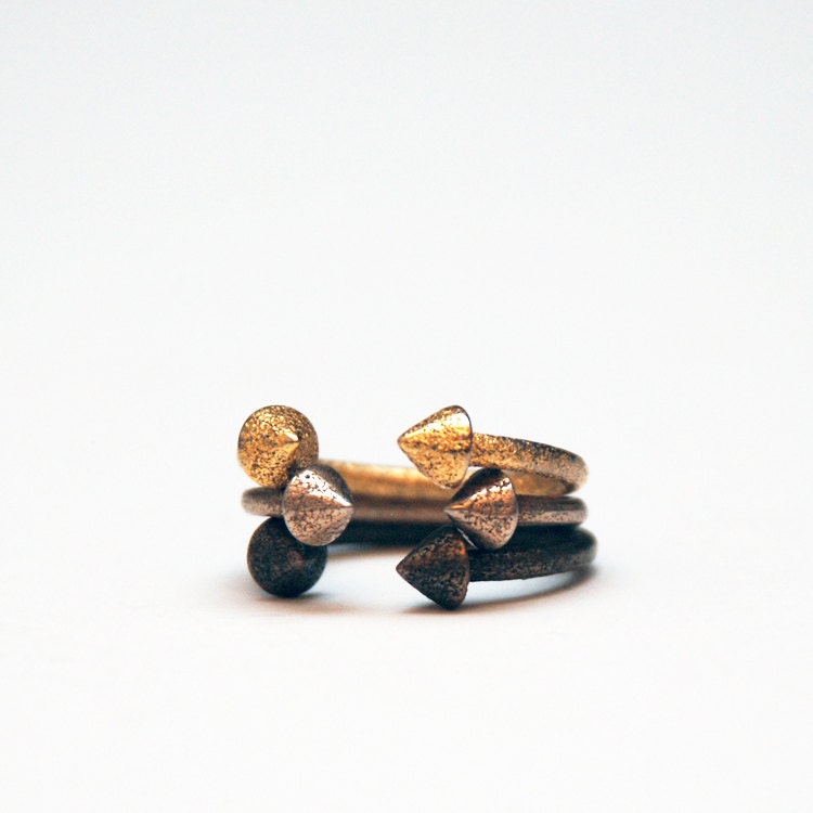 Stackable Arrow Cone Spike Open Barbell Ring - Set of 3 Gold Silver Bronze