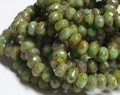 Premium Czech Glass Fire-Polished Rondelle - 3x5mm - Opaque Turquoise Green Picasso - 30 Beads