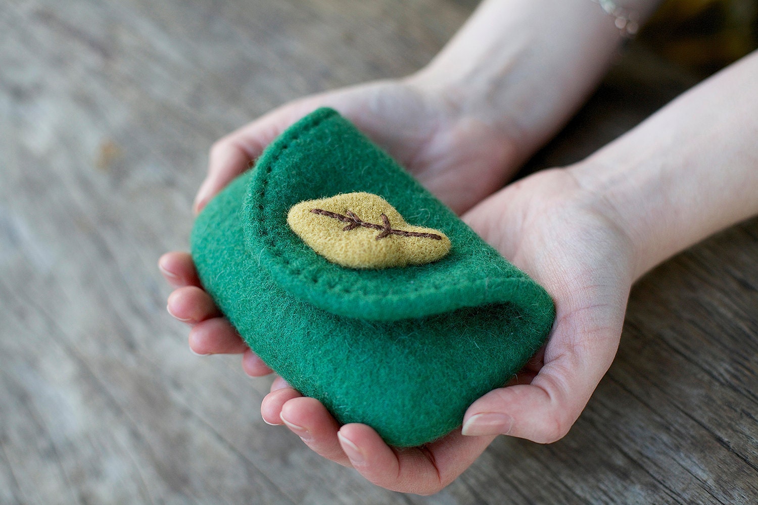 Stay green  "  wool felted green purse with felted leaves button