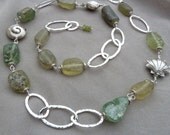 Ancient Roman Glass and Fine Silver Link Necklace in Light Greens