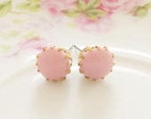 Vintage Pale Pink Round Glass Jewel Gold Tiffany Setting Surgical Steel Post Earrings - Bridesmaid, Wedding, Bridal