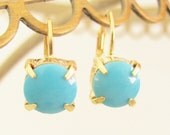 Turquoise Earrings - Dainty Swarovski Crystal Turquoise Jewel Gold Plated Lever Back Earrings - Wedding, Bridal, Bridesmaid
