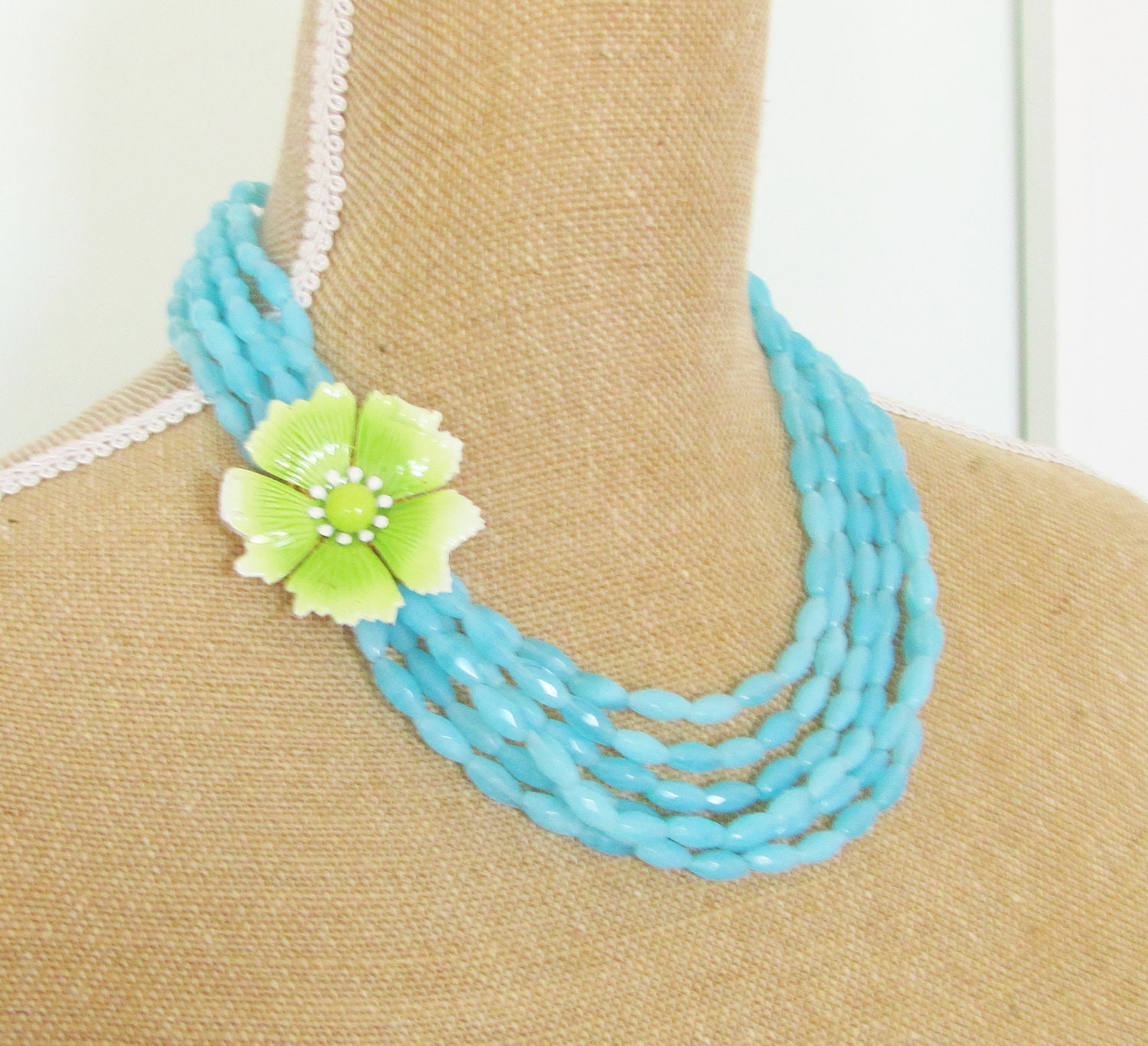 Aqua Flower Statement Necklace - Vintage Lime Green Enamel Flower Multi Strand Aqua Blue Jade Beaded Asymmetrical Statement Necklace OOAK