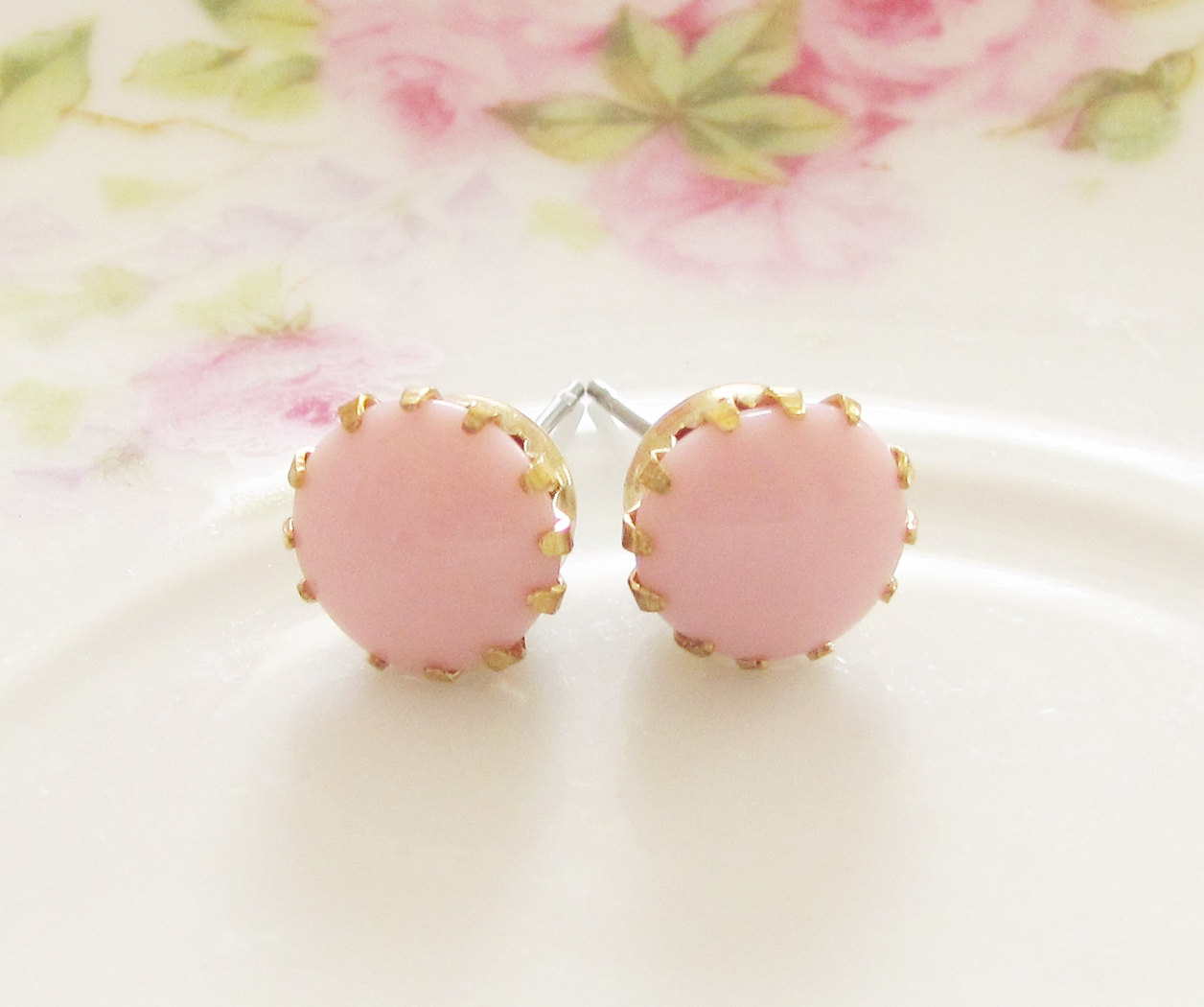 Vintage Pale Pink Round Glass Jewel Gold Tiffany Setting Surgical Steel Post Earrings - Bridesmaid, Wedding, Bridal