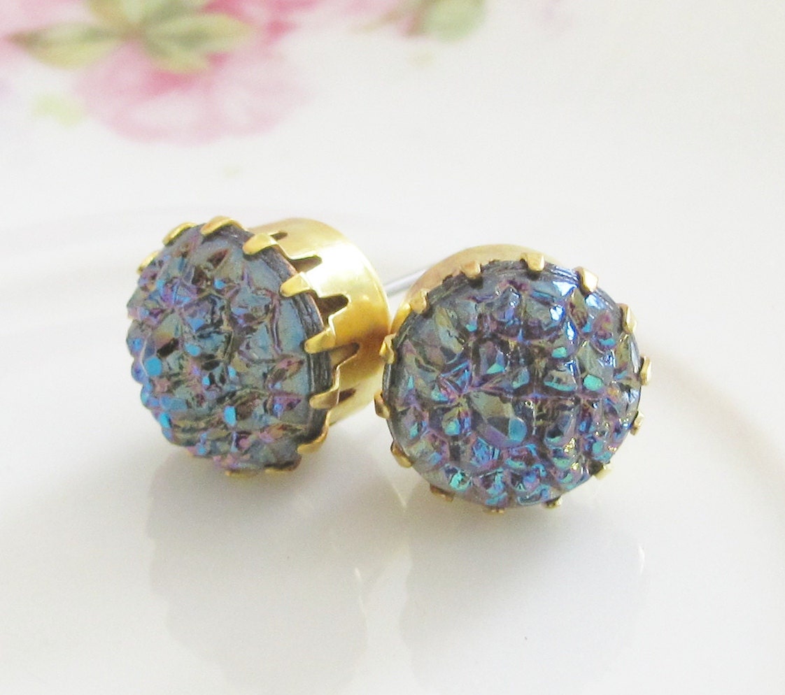 Chunky Iridescent Post Earrings Vintage Blue Gray Textured Glass Jewel in Tiffany Brass Surgical Steel Post, Wedding, Bridal, Bridesmaid