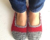 Red Tweed Grey Crochet Womens Slippers, Ballet Flats, House Shoes