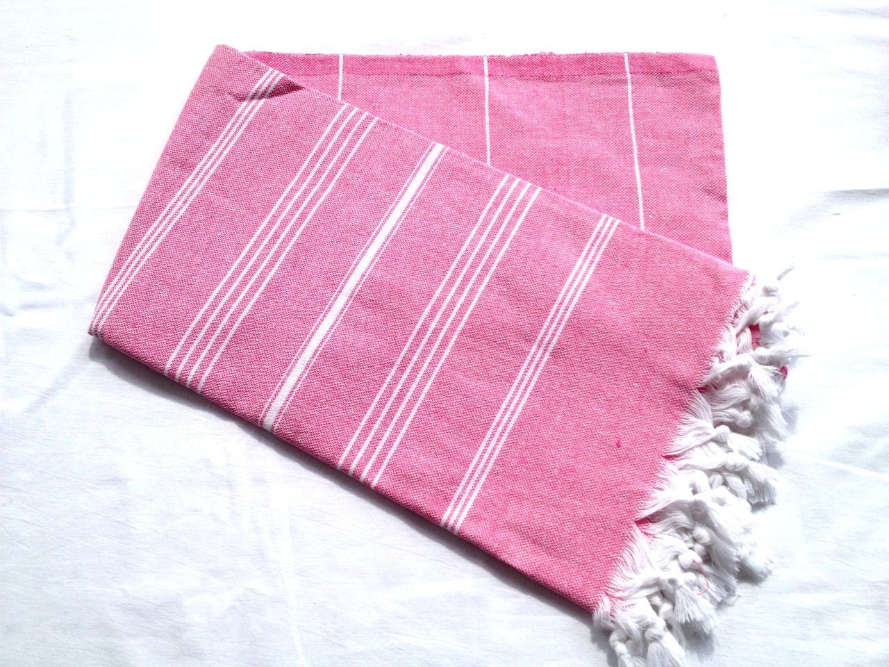 Peshtemal Turkish Towel Pink and White Stripe Tasseled Eco Friendly