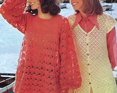 INSTANT DOWNLOAD PDF Vintage Crochet Pattern   1970s Lacy Smock Tunic and Cap Sleeved Vest Waistcoat Retro
