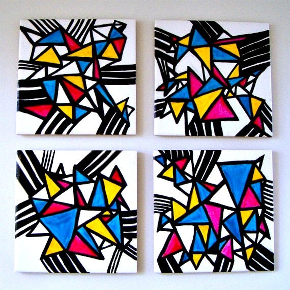 Ceramic Art Tiles Coaster Set Modern Geometric Triangles Stripes Hand Painted Pink Turquoise Blue Yellow