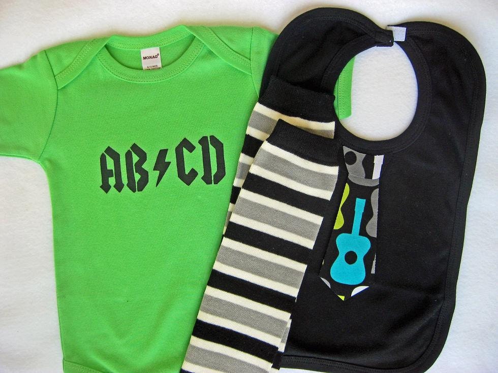 New Dad, 3-piece Rockin' Baby Set - ABCD Onesie, Guitar Bib & Leg Warmers, 1st Birthday, Baby Shower Gift (Pick Your Size) baby boy clothing