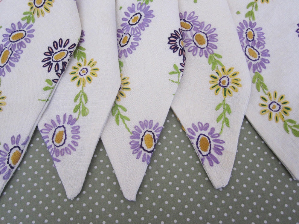 Vintage Tablecloth Bunting.  Main Colour - Off White.  Fabric - has Lovely embroidered details in purple, lilac, yellow and green..